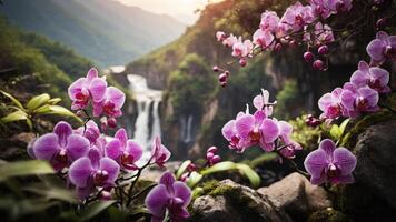 A serene landscape featuring vibrant orchids in front of a cascading waterfall. photo