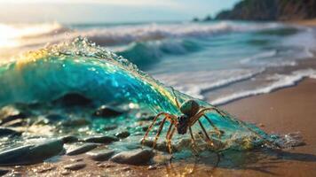 A crab on a beach with waves crashing in the background during sunset. photo