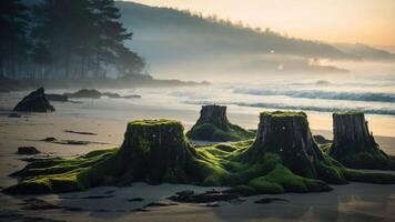 Tranquil coastal scene with moss-covered tree stumps and misty mountains in the background. photo