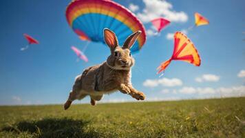 A playful rabbit leaps in a vibrant landscape with colorful kites flying in the sky. photo