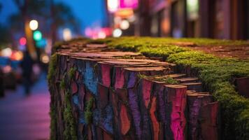 A close-up of a tree stump covered in moss, illuminated by city lights at dusk. photo