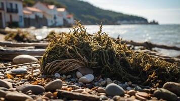 A close-up of seaweed on a rocky beach with a coastal village in the background. photo