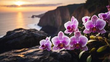 A scenic view of orchids blooming near a coastal sunset. photo