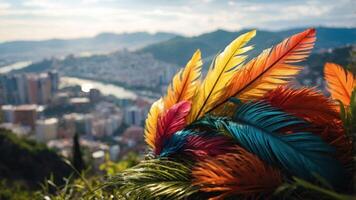 A vibrant display of colorful feathers against a scenic city backdrop. photo