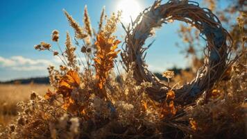 A rustic wreath surrounded by autumn foliage in a sunlit field. photo