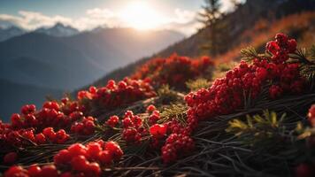 A scenic view of vibrant red berries against a mountainous backdrop at sunset. photo