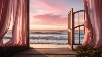 A serene view of the ocean through an open door with flowing curtains at sunset. photo