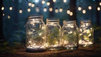Jars with fairy lights and greenery create a cozy, magical atmosphere in a forest setting. photo