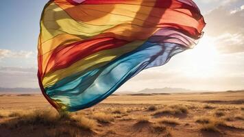 A vibrant rainbow flag waves in a desert landscape at sunset, symbolizing pride and diversity. photo