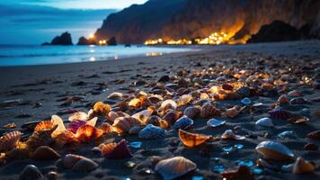 A serene beach at dusk, scattered with colorful seashells reflecting soft lights. photo