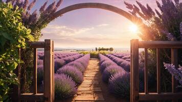 A serene lavender field with a wooden pathway framed by an archway at sunset. photo