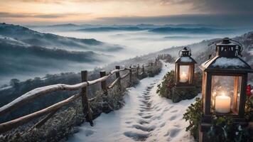 A serene winter landscape with lanterns illuminating a snowy path and distant mountains. photo