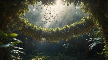 Lush forest scene with sunlight filtering through trees and bats flying in the background. photo
