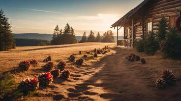 A serene landscape featuring a log cabin at sunset, surrounded by pine cones and trees. photo