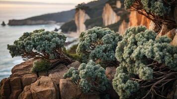 Coastal cliffs with unique shrubs overlooking the ocean during sunset. photo