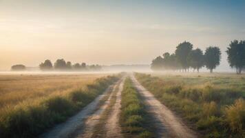 A serene dirt road through misty fields at dawn, inviting exploration and tranquility. photo