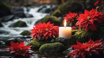 A serene scene featuring red poinsettias and a candle by a flowing stream. photo