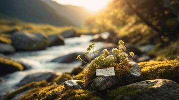 A serene riverside scene with flowers and a note, capturing nature's tranquility. photo