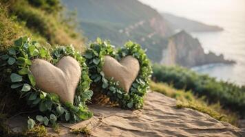 Two heart-shaped arrangements made of burlap and greenery on a scenic hillside. photo