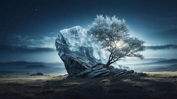 A solitary tree beside a large rock under a dramatic, moody sky. photo