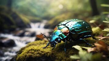 A vibrant beetle rests on moss near a flowing stream in a lush forest setting. photo