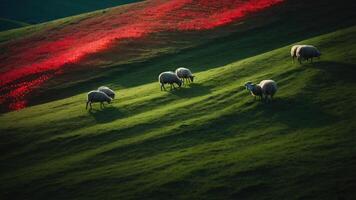 A serene landscape featuring sheep grazing on green hills with vibrant red flowers in the background. photo