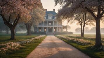 A grand mansion surrounded by blooming trees and a serene pathway at dawn. photo