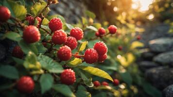 A close-up of vibrant red berries on a bush, surrounded by green leaves in a natural setting. photo