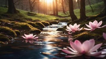 Serene stream with pink lotus flowers under soft sunlight in a tranquil forest setting. photo