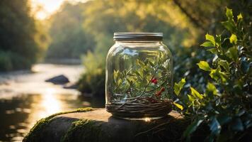 A glass jar containing twigs and berries sits on a mossy rock by a serene river. photo
