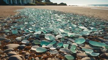 A close-up view of colorful sea glass scattered on a sandy beach with ocean waves in the background. photo