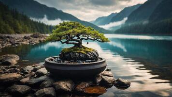 A serene bonsai tree on a rocky base by a tranquil lake surrounded by mountains. photo