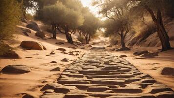A serene stone pathway lined by trees in a sandy landscape, inviting exploration. photo