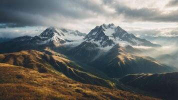 Majestic mountain landscape under a dramatic sky with sunlight filtering through clouds. photo