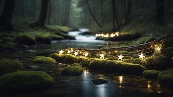 A serene forest stream adorned with glowing star-shaped lights on mossy stones. photo