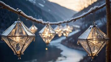 Decorative lanterns hang from a branch, illuminating a serene river landscape at dusk. photo