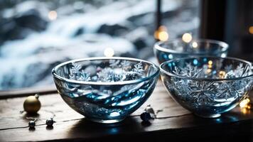 Three decorative glass bowls with snowflake patterns, set near a window with a natural backdrop. photo