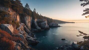 Scenic coastal view at sunset with cliffs and calm waters. photo