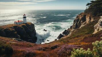 A scenic lighthouse overlooking turbulent ocean waves and rocky cliffs under a clear sky. photo