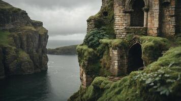 A scenic view of ancient ruins on a cliff overlooking a calm sea and lush greenery. photo