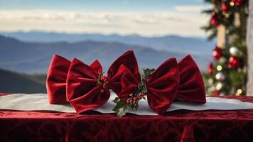 A festive table setting with red bows and holly against a mountain backdrop. photo