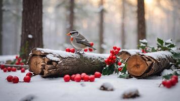 A bird perched on logs surrounded by snow and red berries in a serene forest setting. photo