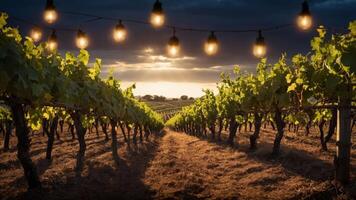 A picturesque vineyard at sunset, illuminated by string lights, creating a serene atmosphere. photo