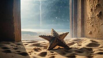 A starfish resting in sandy surroundings, illuminated by soft light from an open window. photo
