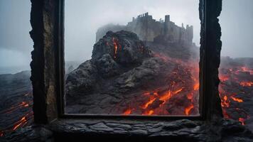 A dramatic view of a castle surrounded by flowing lava, seen through a window frame. photo