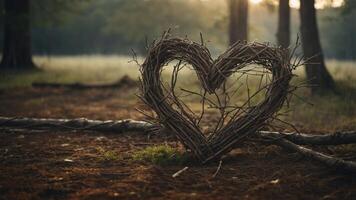 A heart-shaped arrangement of twigs in a serene forest setting during golden hour. photo