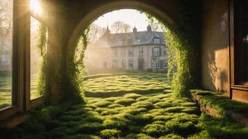 A serene view of an overgrown courtyard with sunlight filtering through an archway. photo
