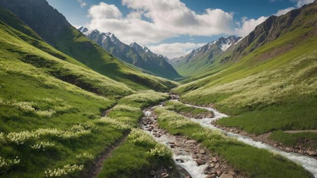 un sereno paisaje presentando un devanado río rodeado por lozano verde colinas y montañas. foto