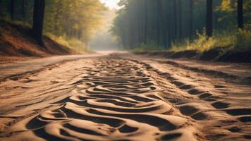 A serene dirt road with rippled sand, surrounded by lush trees in soft morning light. photo