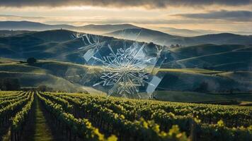 A serene vineyard landscape with a snowflake overlay, blending nature and winter elements. photo